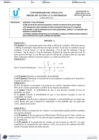 Vista previa de Examen PAU de Matemáticas CCSS de Andalucía 2010 – Reserva 1