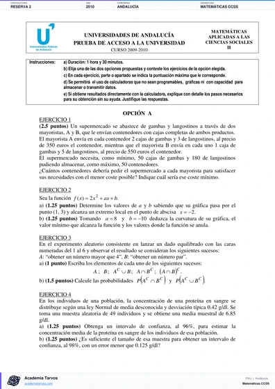 Vista previa de Examen PAU de Matemáticas CCSS de Andalucía 2010 – Reserva 2