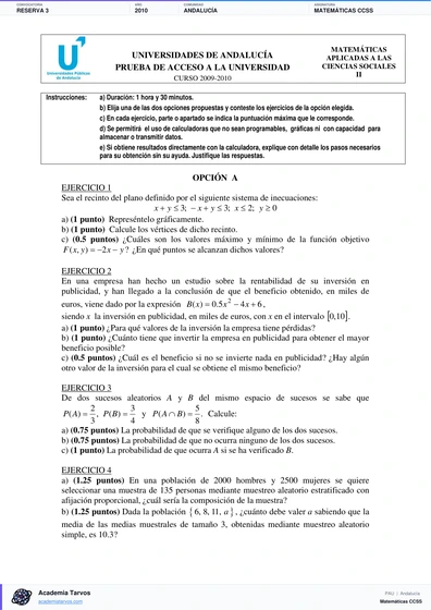 Vista previa de Examen PAU de Matemáticas CCSS de Andalucía 2010 – Reserva 3