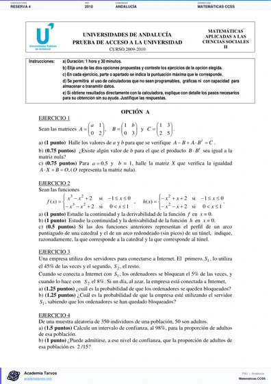 Vista previa de Examen PAU de Matemáticas CCSS de Andalucía 2010 – Reserva 4