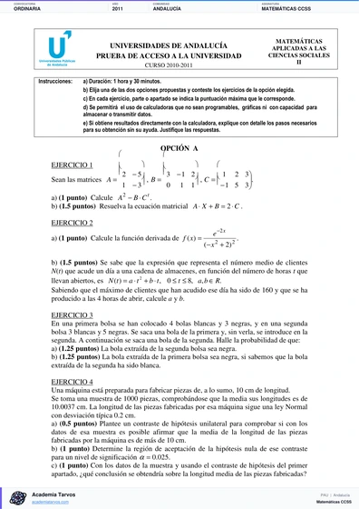 Vista previa de Examen PAU de Matemáticas CCSS de Andalucía 2011 – Ordinaria