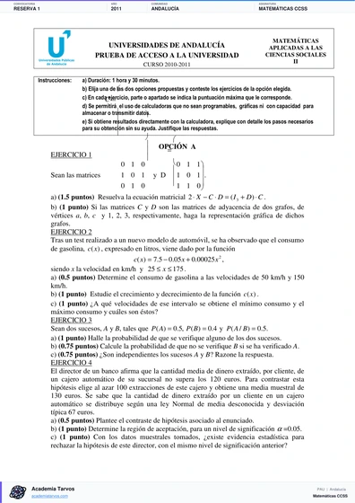 Vista previa de Examen PAU de Matemáticas CCSS de Andalucía 2011 – Reserva 1