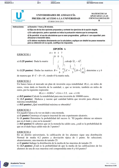 Vista previa de Examen PAU de Matemáticas CCSS de Andalucía 2011 – Reserva 2
