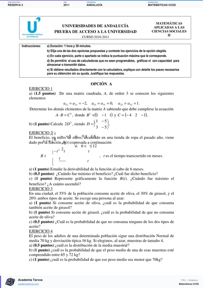 Vista previa de Examen PAU de Matemáticas CCSS de Andalucía 2011 – Reserva 3