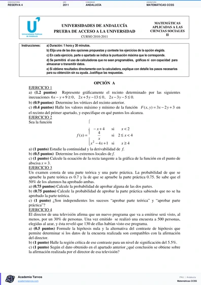 Vista previa de Examen PAU de Matemáticas CCSS de Andalucía 2011 – Reserva 4