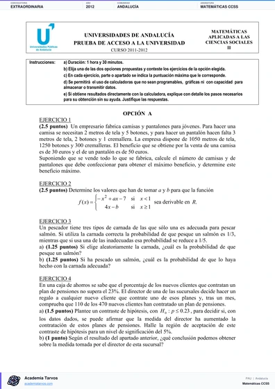 Vista previa de Examen PAU de Matemáticas CCSS de Andalucía 2012 – Extraordinaria