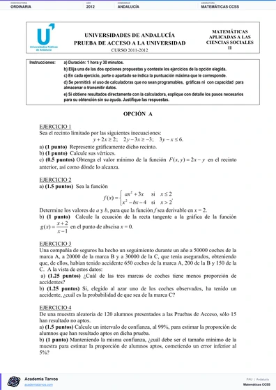 Vista previa de Examen PAU de Matemáticas CCSS de Andalucía 2012 – Ordinaria