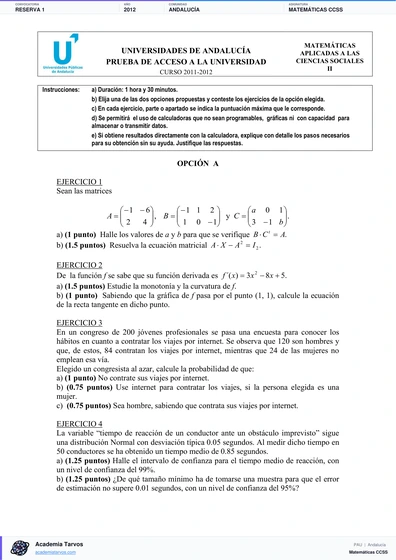 Vista previa de Examen PAU de Matemáticas CCSS de Andalucía 2012 – Reserva 1