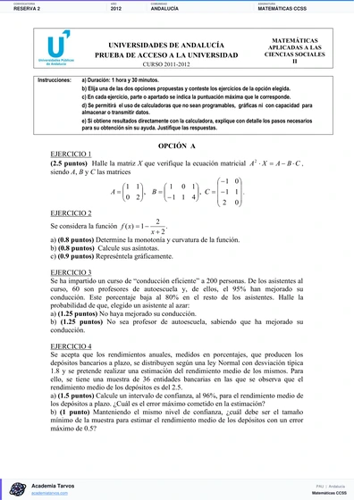 Vista previa de Examen PAU de Matemáticas CCSS de Andalucía 2012 – Reserva 2
