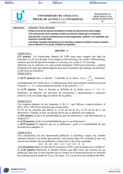 Vista previa de Examen PAU de Matemáticas CCSS de Andalucía 2012 – Reserva 3