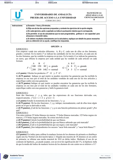 Vista previa de Examen PAU de Matemáticas CCSS de Andalucía 2012 – Reserva 4