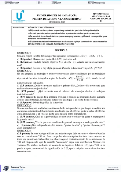 Vista previa de Examen PAU de Matemáticas CCSS de Andalucía 2013 – Extraordinaria