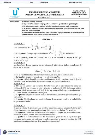 Vista previa de Examen PAU de Matemáticas CCSS de Andalucía 2013 – Ordinaria