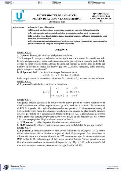 Vista previa de Examen PAU de Matemáticas CCSS de Andalucía 2013 – Reserva 1