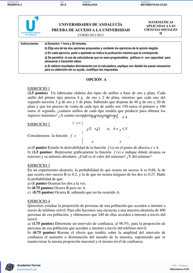 Vista previa de Examen PAU de Matemáticas CCSS de Andalucía 2013 – Reserva 2