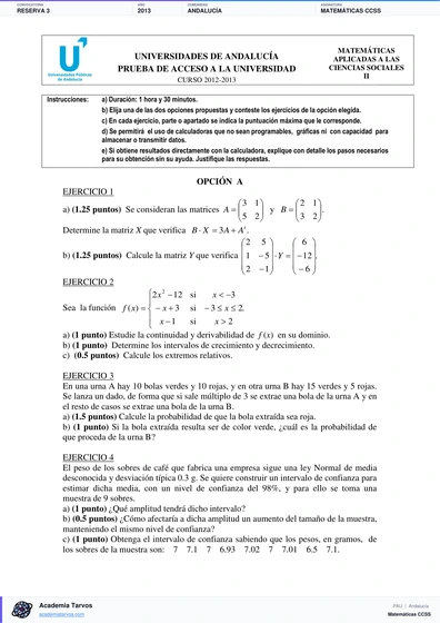 Vista previa de Examen PAU de Matemáticas CCSS de Andalucía 2013 – Reserva 3