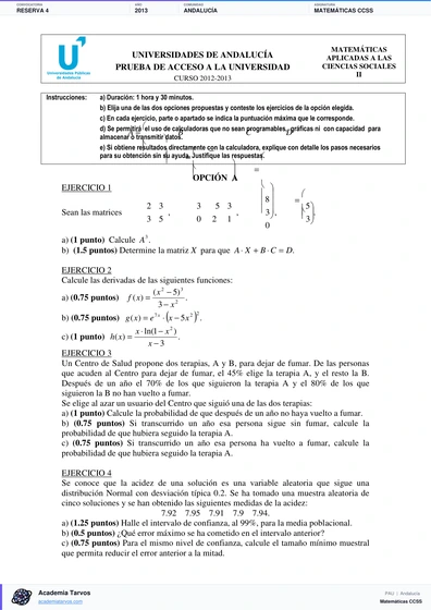 Vista previa de Examen PAU de Matemáticas CCSS de Andalucía 2013 – Reserva 4