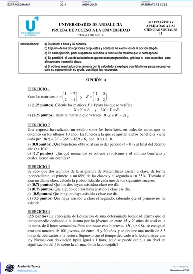 Vista previa de Examen PAU de Matemáticas CCSS de Andalucía 2014 – Extraordinaria