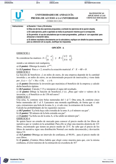 Vista previa de Examen PAU de Matemáticas CCSS de Andalucía 2014 – Ordinaria