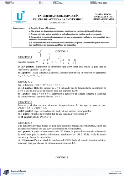 Vista previa de Examen PAU de Matemáticas CCSS de Andalucía 2014 – Reserva 1