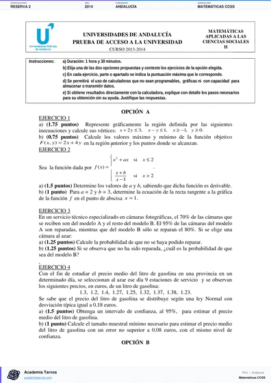 Vista previa de Examen PAU de Matemáticas CCSS de Andalucía 2014 – Reserva 2