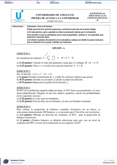 Vista previa de Examen PAU de Matemáticas CCSS de Andalucía 2014 – Reserva 3