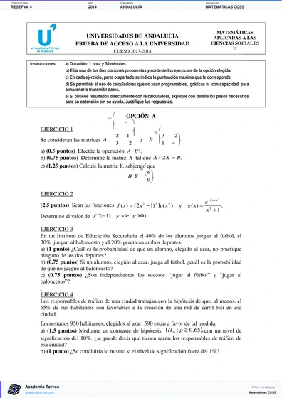 Vista previa de Examen PAU de Matemáticas CCSS de Andalucía 2014 – Reserva 4