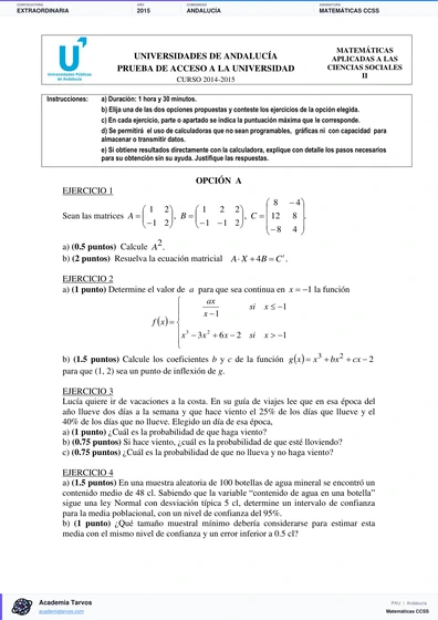 Vista previa de Examen PAU de Matemáticas CCSS de Andalucía 2015 – Extraordinaria