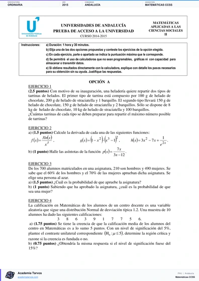 Vista previa de Examen PAU de Matemáticas CCSS de Andalucía 2015 – Ordinaria