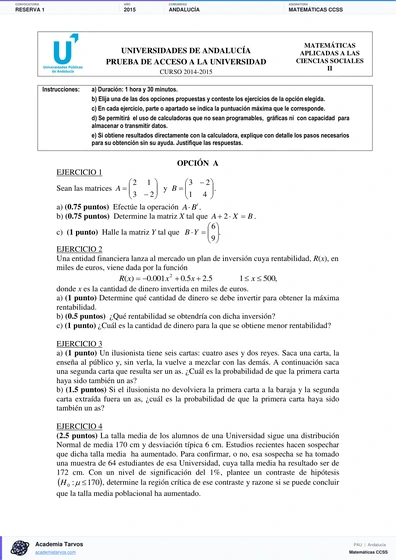 Vista previa de Examen PAU de Matemáticas CCSS de Andalucía 2015 – Reserva 1