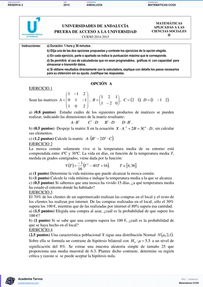 Vista previa de Examen PAU de Matemáticas CCSS de Andalucía 2015 – Reserva 2
