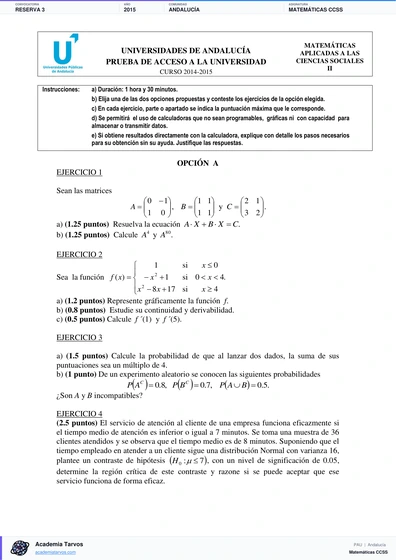 Vista previa de Examen PAU de Matemáticas CCSS de Andalucía 2015 – Reserva 3