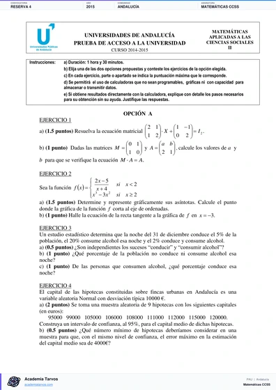 Vista previa de Examen PAU de Matemáticas CCSS de Andalucía 2015 – Reserva 4