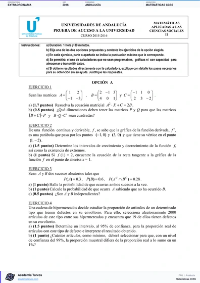 Vista previa de Examen PAU de Matemáticas CCSS de Andalucía 2016 – Extraordinaria
