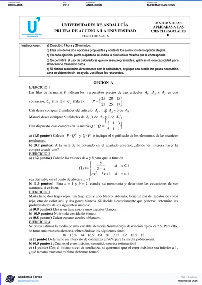 Vista previa de Examen PAU de Matemáticas CCSS de Andalucía 2016 – Ordinaria