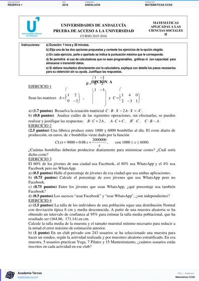 Vista previa de Examen PAU de Matemáticas CCSS de Andalucía 2016 – Reserva 1