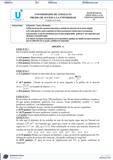 Vista previa de Examen PAU de Matemáticas CCSS de Andalucía 2016 – Reserva 2