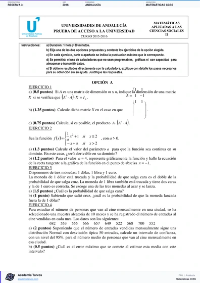 Vista previa de Examen PAU de Matemáticas CCSS de Andalucía 2016 – Reserva 3