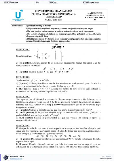 Vista previa de Examen PAU de Matemáticas CCSS de Andalucía 2017 – Extraordinaria