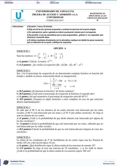 Vista previa de Examen PAU de Matemáticas CCSS de Andalucía 2017 – Ordinaria