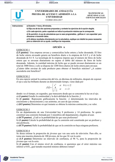 Vista previa de Examen PAU de Matemáticas CCSS de Andalucía 2017 – Reserva 1