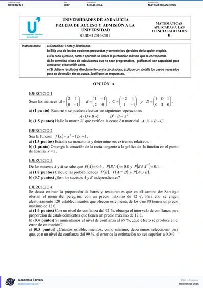Vista previa de Examen PAU de Matemáticas CCSS de Andalucía 2017 – Reserva 2