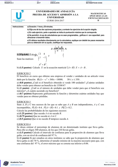 Vista previa de Examen PAU de Matemáticas CCSS de Andalucía 2017 – Reserva 3