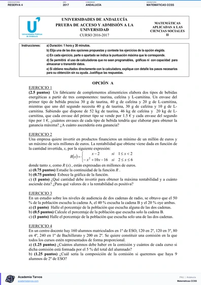 Vista previa de Examen PAU de Matemáticas CCSS de Andalucía 2017 – Reserva 4