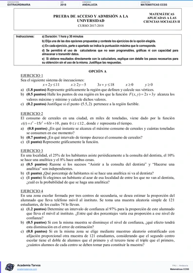 Vista previa de Examen PAU de Matemáticas CCSS de Andalucía 2018 – Extraordinaria