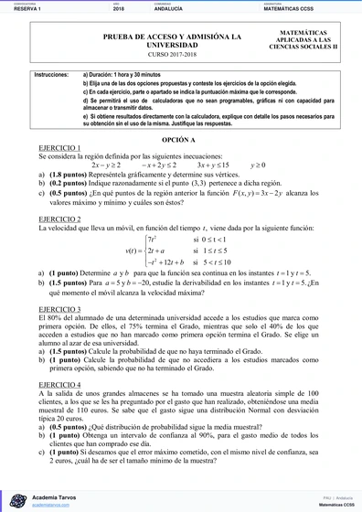 Vista previa de Examen PAU de Matemáticas CCSS de Andalucía 2018 – Reserva 1