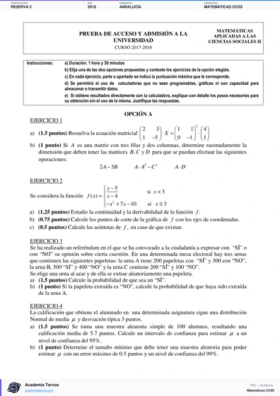 Vista previa de Examen PAU de Matemáticas CCSS de Andalucía 2018 – Reserva 2
