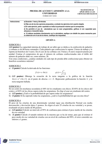 Vista previa de Examen PAU de Matemáticas CCSS de Andalucía 2018 – Reserva 3