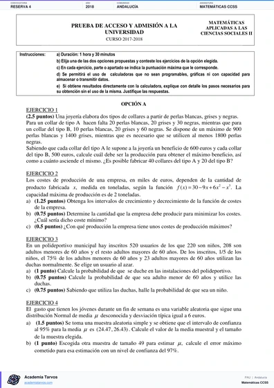 Vista previa de Examen PAU de Matemáticas CCSS de Andalucía 2018 – Reserva 4