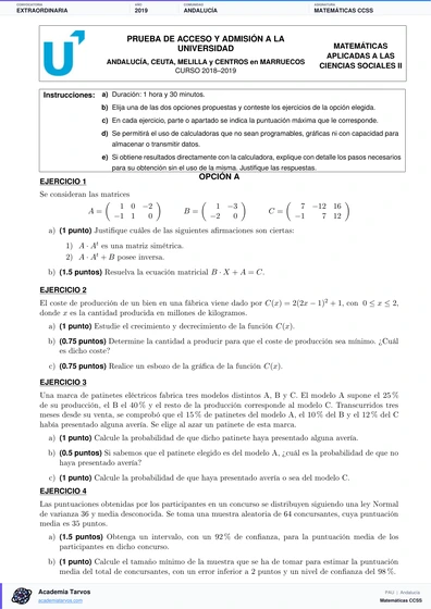 Vista previa de Examen PAU de Matemáticas CCSS de Andalucía 2019 – Extraordinaria